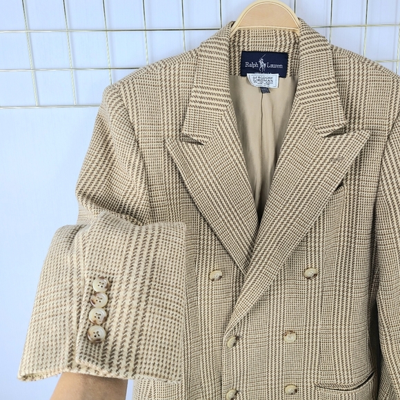 Ralph Lauren Tan Herringbone Wool Blend Double Breasted 90s Vintage Blazer - Picture 5 of 11